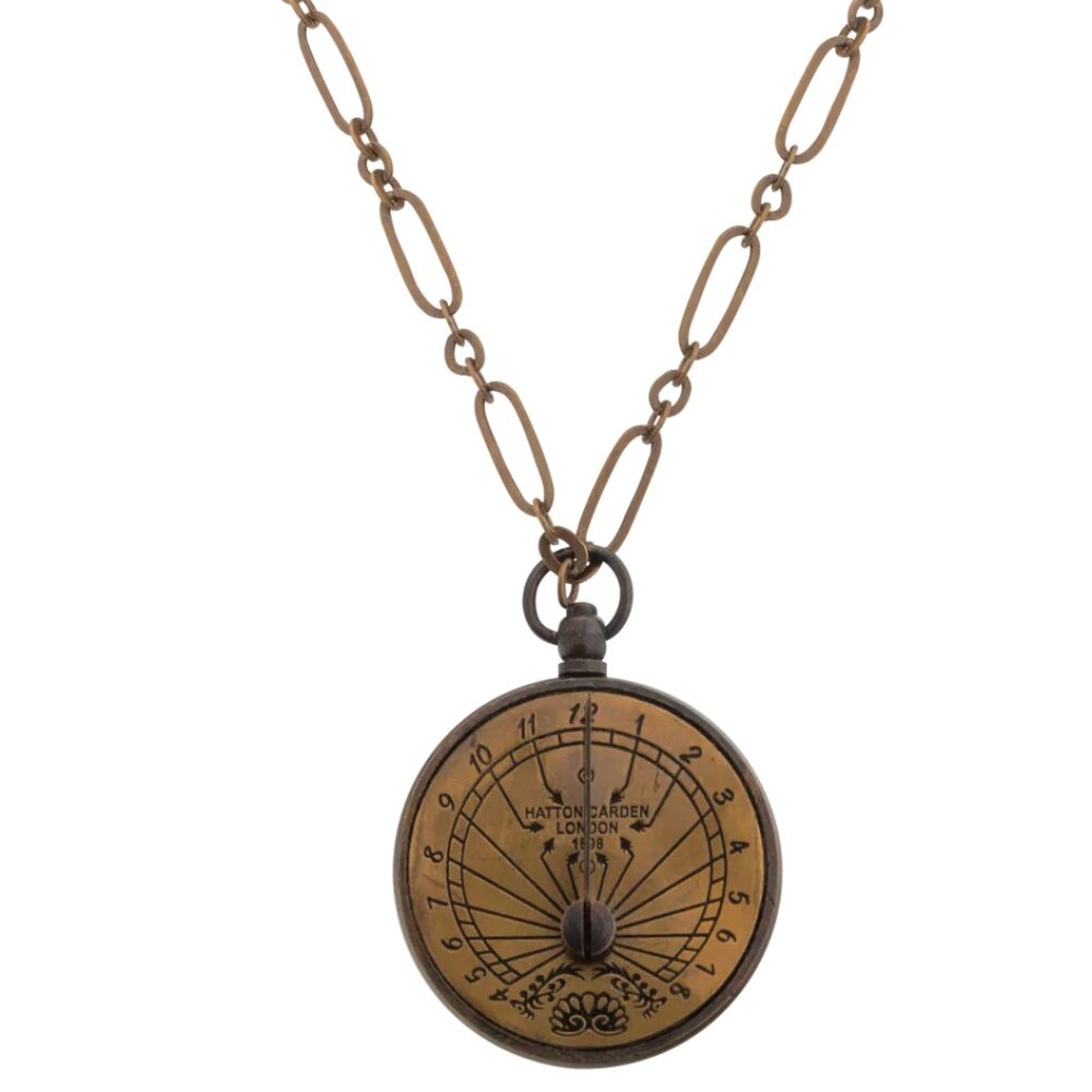 Vintage Style Gold Tone Brass Sundial Necklace 30"